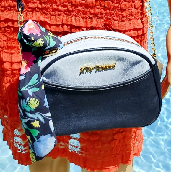 Betsey Johnson Black Crossbody with Scarf-NEW WITH TAGS, Navy & light Blue - Picture 15 of 17